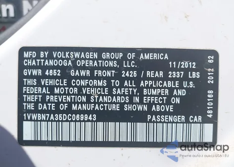 2013 Volkswagen Passat 2.0L Tdi Se из США, поврежденный, VIN 1VWBN7A35DC069943